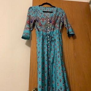 Teal Japanese print half sleeve button up front waist tie slit up middle dress